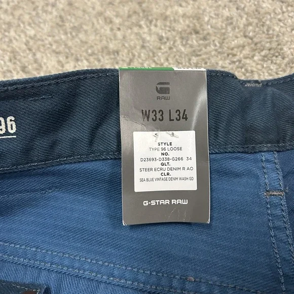 G Star Raw Jeans Mens 33X34 Type 96 Loose Sea Blue Denim Wash New with Tags